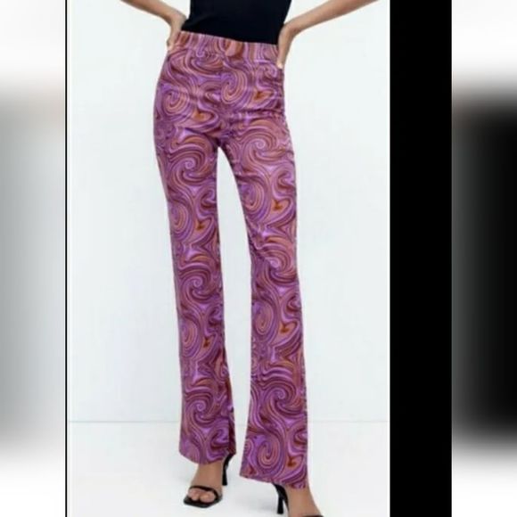 NEW Zara Groovy Psychedelic Purple Brown Swirly High Waisted Bell Bottom Pants S - Picture 2 of 12